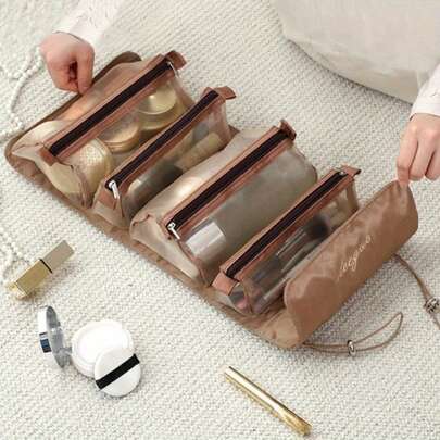 4-In-1 Woven Travel Cosmetic Organizer Bag With Adjustable Shoulder Strap, Open Grid Compartments For Brushes & Lipsticks, Lightweight Portable Toiletry Case, Fashionable Beige, Wet Wipe Clean, Cosmetic Travel Bag, Daily Makeup Storage