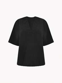 Women's Casual V-Neck Short Sleeve Top + Wide Leg Pants 2-Piece Set, Loose Fit Solid Color Loungewear Outfit, Suitable For Summer - Black - View 6