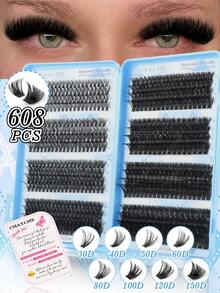 544/608pcs D-Curl Single Lash Extensions, Soft Natural Thick Fluffy False Eyelashes, Portable High-Capacity Mixed Style Lash Book For DIY Home Use, Suitable For Makeup Beginners, Reusable, For Light Or Heavy Makeup - Multicolor - View 12