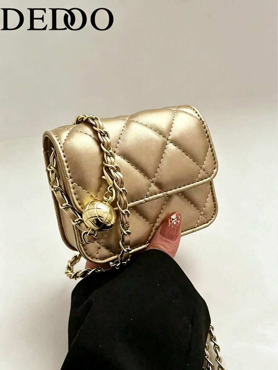 Dedoo Popular Spring/Summer Premium Texture Mini Lipstick Bag, Chain Shoulder Strap, Can Be Carried On Shoulder Or Underarm - Gold - View 1
