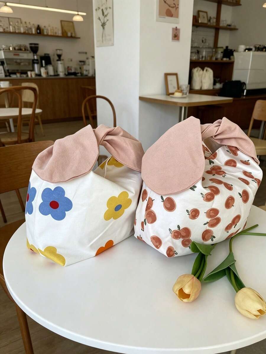 1pc/5pcs CutePrint Knot Wrist Bag, Soft Fabric Handheld Tote With Twisted Handle, Spacious Space For Daily Essentials Line2:Casual Lightweight Mini Handbag, Sweet Pattern Design, Portable Storage Pouch For Shopping, Picnic, Daily Matching