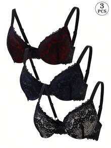 3pcs/Set Women's Underwire Floral Lace Push-Up Bra, Solid Color Wavy Edge Adjustable Straps Side Support Invisible Casual Lingerie - Multicolor - View 6