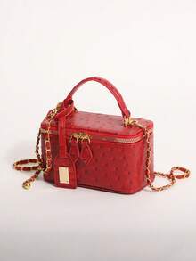 Vintage Festive Red Ostrich Skin Textured Small Square Box Bag With Gold Adjustable Chain, Evening & Commute Handbag For Women - Red - View 7