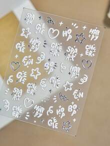 1 Sheet Metallic Silver Crystal Rhinestone 3D Letter Heart Nail Stickers, Raised Gloss Silver Cartoon Font Star Swirl Mixed Design, Self-Adhesive Waterproof Nail Art Decals For DIY Manicure - White - View 2