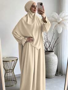 柔軟布料 Khimar 長袍套裝，寬鬆大尺碼長袖保守全身長洋裝，適合中東女性日常街頭穿著 - 彩色 - 查看 6