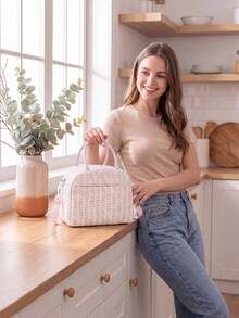 Floral Quilted Insulated Lunch Bag - Leak-Proof Reusable Thermal Cooler Tote, Large Capacity, Cute Coquette Style For Work, School, Picnic & Travel - 垂直粉花 - 查看 6