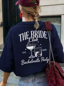 2026 Bride Club 復古調酒圖案背印寬鬆短袖T恤，休閒舒適新娘派對上衣，適合單身女派對、新娘淋浴、女生之夜、婚前旅行、度假穿搭與日常街頭穿搭 - 藏蓝色 - 查看 1