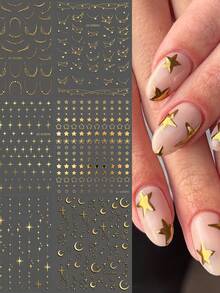 6Pcs Y2K Metallic Golden Silvery Star Nail Art Stickers 3D Starry Moon French Line Nail Decals Cyberpunk Gothic DIY Manicure Decoration Sticker - 彩色 - 查看 4