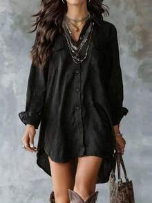 Plus Size Women's Black Long Sleeve Polyester Button-Up Shirt Dress, Lapel Collar, High-Low Hem Design, With Pockets - Black - View 5
