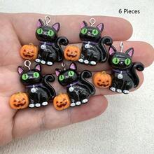6pcs Resin Halloween Pumpkin Lantern & Black Cat Pendants, Suitable For DIY Jewelry Making, Perfect For Party Accessories, Earrings, Necklaces, Bag Charms - Black Pumpkin Lantern Cat Pendant - View 8