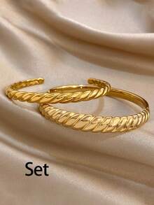 1Pc/Set Classic Gold Plated Textured Braided Open Stainless Steel Bangle Bracelet Set,For Women,Daily/Boho/Party/Wedding,Mom Gifts,Valentine Birthday - Multicolor - View 10