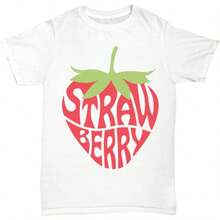 Unisex Summer T-Shirt For Women And Men, Cute Strawberry Pattern, White, Plus Size, For Fruit Lovers. - 白色 - 查看 1