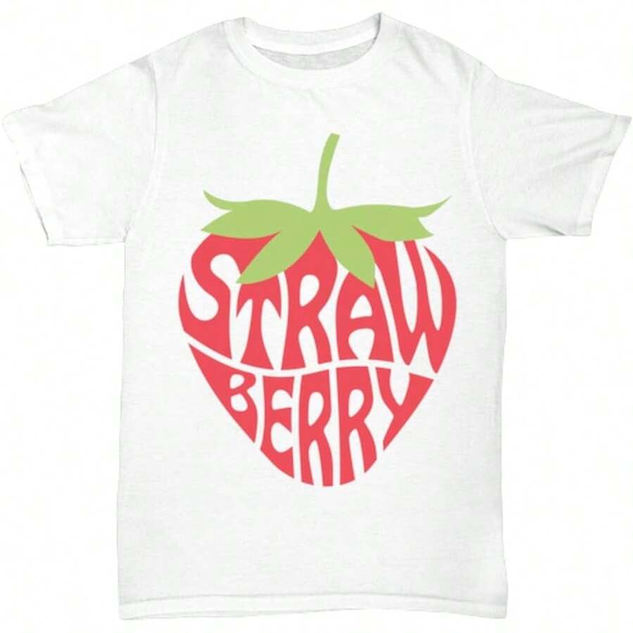 Unisex Summer T-Shirt For Women And Men, Cute Strawberry Pattern, White, Plus Size, For Fruit Lovers. - 白色 - 查看 1