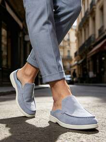 Mocasines tipo mule de ante para hombre, zapatos de caminar estilo británico sin cordones, mocasines de lujo color caqui, mocasines planos casual de negocios - Caqui - Ver 8