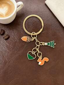 [1pc]Mori Style Squirrel Oil Drop Keychain, Acorn Pine Tree Heart Multi-Charm Bag Pendant, Gold-Plated Mori Style Women's Key Ring, Forest Animal Oil Drop Keychain, Squirrel Acorn Pine Tree Charm Keychain, Fresh Natural Style Bag Pendant, Daily Matching Holiday Gift Accessory - Green + Brown - View 4