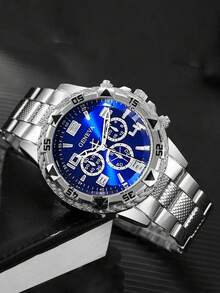 1pc/2pcs Set Minimalist Fashion Men's Hip-Hop Oversized Quartz Watch, Includes Blue Dial Steel Band Quartz, Daily Wear, Sports Casual, Running, Travel, Holiday Gift - Silver - View 8