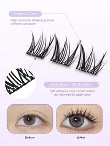 Asiteo 60pcs Natural Pre-Glued False Eyelashes C Curl Self-Adhesive Cluster Lashes Thin Stem Delicate Natural Cartoon Style Single Cluster DIY Glue-Free Makeup Gift For Women And Girls - C - 查看 2