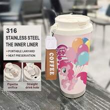 Miniso Taza de café aislada con diseño de My Little Pony Pinkie Pie, con correa para la muñeca, taza de viaje de acero inoxidable de doble bebida para desplazamientos, camping & uso diario - Multicolor - Ver 2