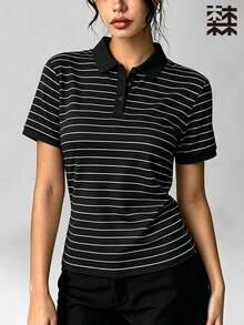 mulinsen 女款 Polo 衫，冰絲薄款快乾領口短袖 T 恤，條紋運動戶外上衣 - 深空黑 - 查看 6