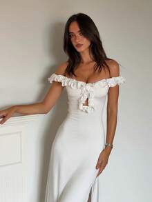 Elegant White Sleeveless Fitted Cocktail Dress With Ruffle Collar And Open Back Design, Women's Long Dress - White - View 2