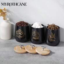 Myrothcane 3Pcs Black Ceramic Coffee Sugar Tea Canister Set, Airtight Bamboo Lid Storage Jars With Gold Letter Print, Kitchen Countertop Food Containers For Coffee Beans Tea Leaves Sugar Cubes, Modern Farmhouse Kitchen Decor Organizer - Black - View 6