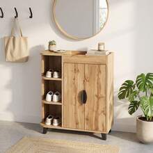 Sweiko Un'elegante scarpiera per l'ingresso, in stile scandinavo, con ante e ripiani a giorno, realizzata in legno composito con finitura rovere e gambe in metallo, adatta a corridoi e piccoli ingressi di appartamenti, con bordo rialzato e altezza libera di 10 cm, facile da montare. - Visualizzare 5