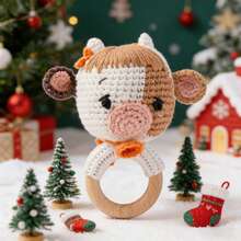 1PC Crochet Cow Wooden Teething Ring Rattle, Knit Farm Animal Baby Hand Sound Toy - Mocha Brown - View 9