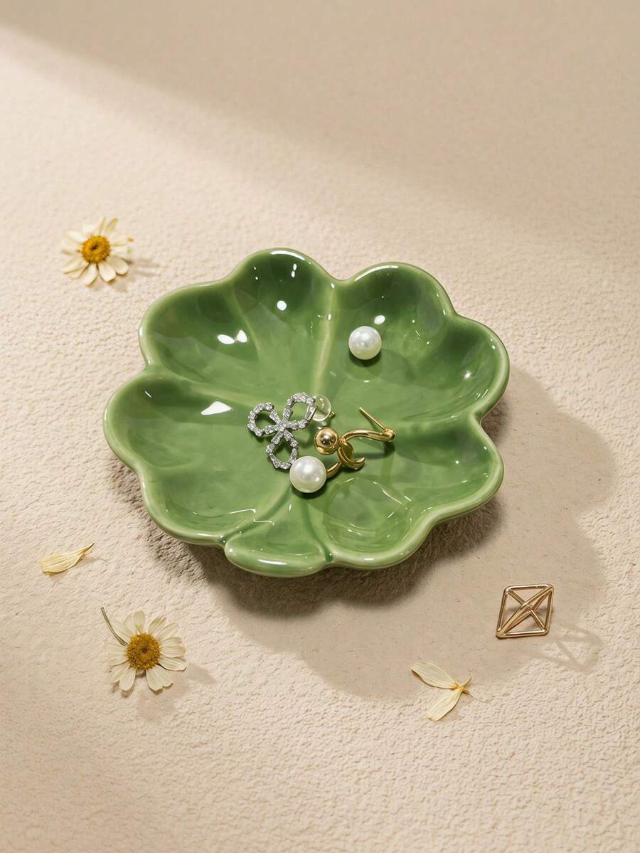 1件葉片造型陶瓷托盤，優雅花卉與三葉草印花，可收納耳環、戒指與迷你化妝品，光滑堅固陶瓷，時尚梳妝台裝飾，生日、婚禮與訂婚派對完美禮物 - 綠色 - 查看 1