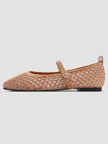 ADAMUMU Women's Fashion Flat Hollow Mesh Embroidery Ballet Mary Jane Shoes, Lightweight Mesh Fabric, Elegant Buckle, Comfortable Breathable Stylish, Suitable For Daily Commute - Camel - View 2