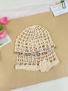 1pc Women's Plaid Floral Handmade Crochet Beanie, Spring/Summer Fashion Thin Y2K Shell Tassel Crochet Knitted Hat, Suitable For Daily Wear, Vacation, Bohemian Photo Decoration - Multicolor - View 9