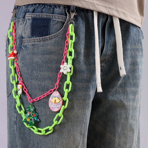 1pc Xmas Street Color Contrast Dual Layer Pants Chain Multi Festive Charms Clip On Waist Accessory For Jeans Holiday Party Campus Daily Hip Hop Women
