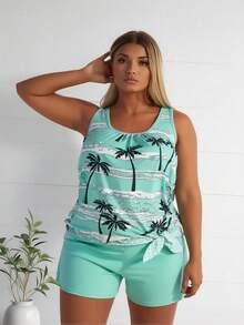 Women Scoop Neck Palm Tree Print Plus Size Tankini Two Piece Solid Mint Boyshort Bathing Suit - Green - View 3