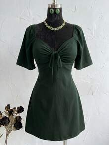 Plus Size Short Princess Dress, Loose Fit, With Gathered Neckline And Short Sleeves, Elegant, Sizes 46 To 56 - Green - View 2