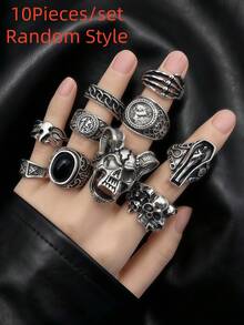 10/11pcs/Set Unisex Vintage Punk Hip Hop Ring Set, Personalized Skull Geometric Claw Bat Design, Party Gift Daily Jewelry Accessories - Punk Ring Set - View 1