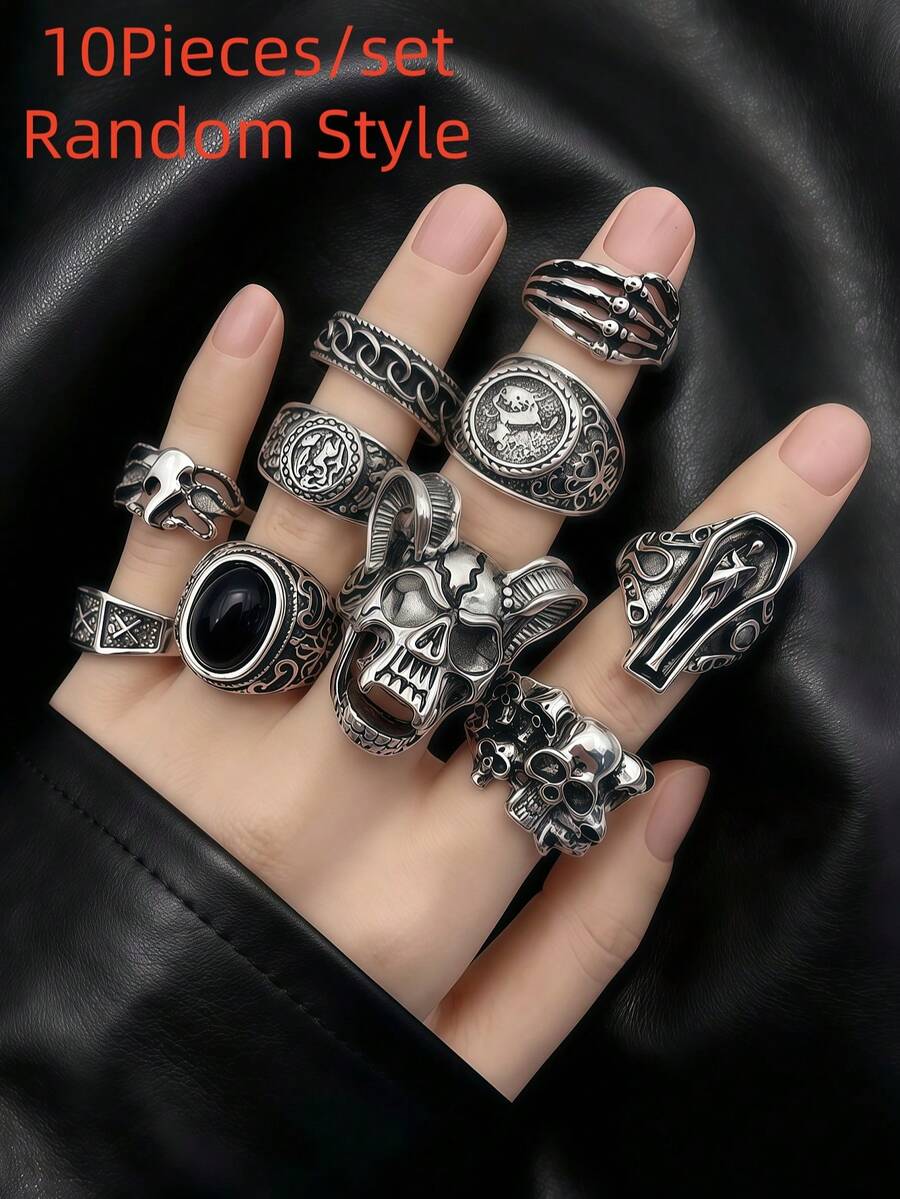 10/11pcs/Set Unisex Vintage Punk Hip Hop Ring Set, Personalized Skull Geometric Claw Bat Design, Party Gift Daily Jewelry Accessories - Punk Ring Set - View 1