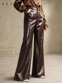 ALIAO Autumn/Winter Crocodile Embossed PU Leather High-Waist Wide-Leg Pants, Fashionable Retro Versatile Women's Clothing - Coffee Brown - View 7