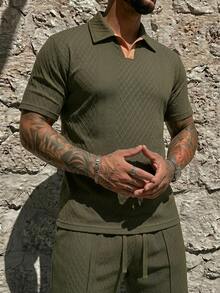 Men's Cool Daily Commute Home Casual Polyester Fabric Solid Color Versatile Sports Breathable Diamond Pattern Set - Army Green - View 5