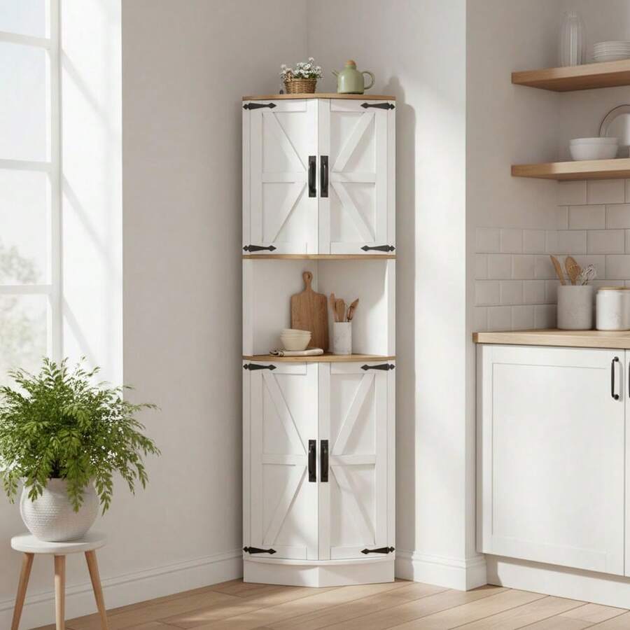 Sweiko Space-Saving Corner Pantry Cabinet With Door, Rustic-Style Storage Cabinet For Kitchen, Dining Room And Home, Open And Closed Shelves, Easy Assembly - White - View 1