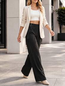 Perirose Women's Black Pinstripe Office Siren High Waisted Wide Leg Tailored Trousers Pants Summer Fall Bottoms For Office Work Business Casual Date Night - Black - View 5