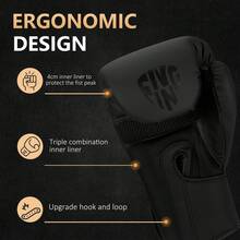 Guantes de Boxeo FIVING Negro Puro Cool, Protección de Mano de PU con Absorción de Impactos, Opciones de 4/6/10/12/14oz, Adecuados para Niños, Adolescentes, Hombres y Mujeres Adultos, Perfectos para Gimnasio, Entrenamiento en Casa, Muay Thai, MMA, Kickboxing y Sparring - Negro - Ver 4