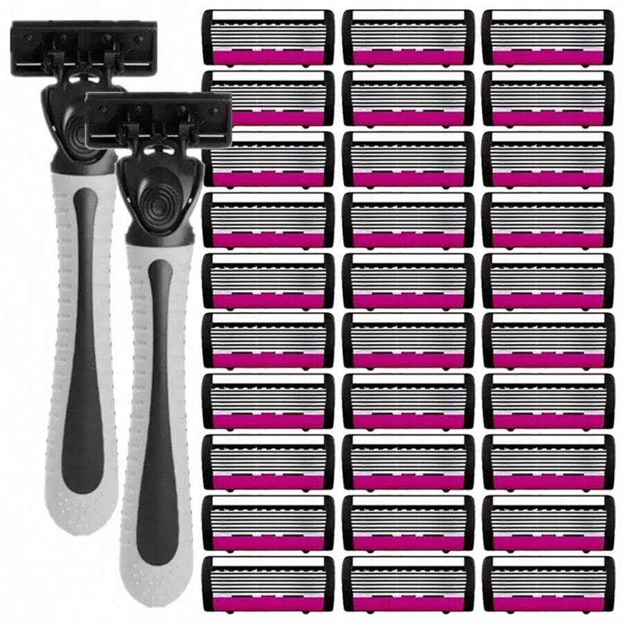6-Layer Manual Razor Set, Includes 2 Handles And 30 Blades, Ultra-Sharp High-Density Blades, Ergonomic Grip, Smooth And Non-Irritating, Luxury Grooming