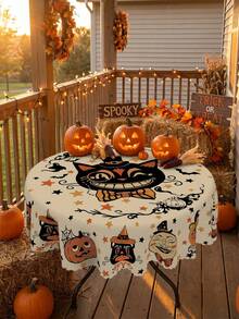 1pc-Halloween Tablecloth, Vintage Pumpkin Black Cat Moon Face Table Cover, Cute Witch Hat Star Bat Print Tablecloth, Fall Holiday Party Decor For Dining Table Kitchen, Indoor Outdoor Home Decor, Washable Reusable Table Cover - Multicolor - View 6