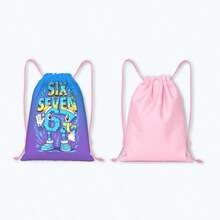 Blue-Purple Gradient 67 Cartoon Number Print Drawstring Backpack, Suitable For Girls And Children, Cute Student Bag Essential, Pink Rope Closure, Playful Travel Accessory, Suitable For Beach Days, Dance Practice, Camping Trips, Weekend Adventures And Daily Carry - SIXTY SEVEN-298 - View 2