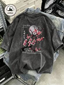 大尺碼女款水洗棉短袖T恤，花卉圖案，雙面印花，復古寬鬆版型，Y2K街頭風休閒夏季黑色 - 黑色 - 查看 1