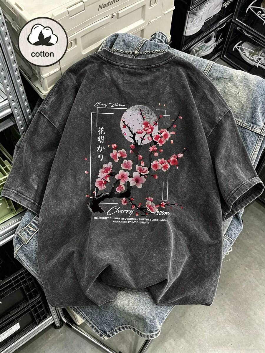 大尺碼女款水洗棉短袖T恤,花卉圖案,雙面印花,復古寬鬆版型,Y2K街頭風休閒夏季黑色 - 黑色 - 查看 1