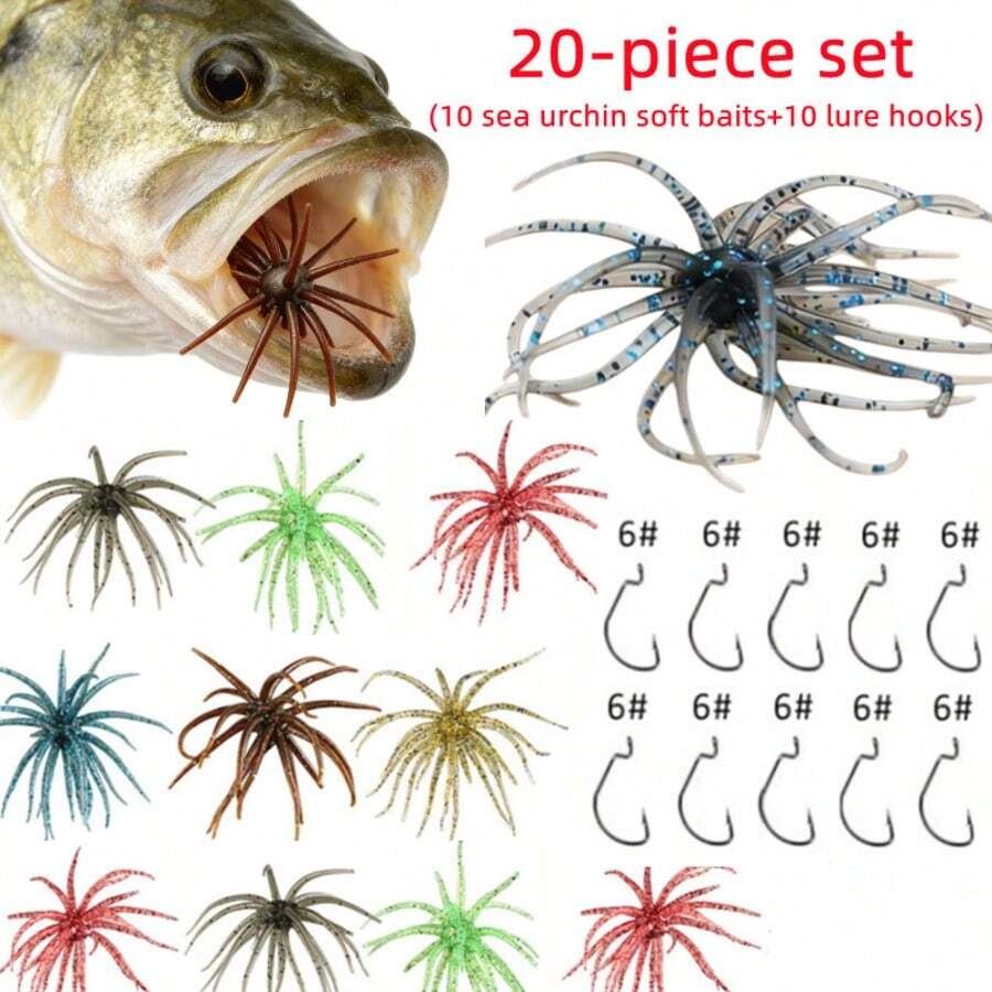 20-Piece Set (10 Sea Urchin Soft Baits+10 Lure Hooks), Wide Belly Crank Hooks, Spherical Floating Biomimetic Realistic Fishing Baits, Suitable For Bass, Trout, Lake, River Freshwater And Seawater Fishing, Perfect Gift For Fishing Enthusias