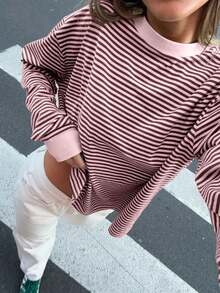 Queen Closet 女款秋冬寬鬆大碼針織長袖上衣，休閒 Y2K 條紋圓領 T-shirt，適合日常穿著與街頭風格 - 粉色 - 查看 7