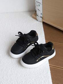 1 Pair Unisex Kids Gold Trim Minimalist Leather White Sneakers, Spring/Autumn New Soft Sole Anti-Slip Casual Skate Shoes, Versatile Campus Commute Sports Shoes For Toddlers And Young Children - Black - View 2
