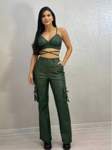 Cargo Pants And Leather Top Set (0038) - 綠色 - 查看 4