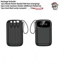 LADAPU 可爱迷你10000mAh 5V3A快充移动电源，小巧大容量，可充电便携式手机充电器，内置4根数据线，智能数字显示，Micro USB-C接口，户外旅行电池组，情人节礼物 - Black-15W - 查看 10